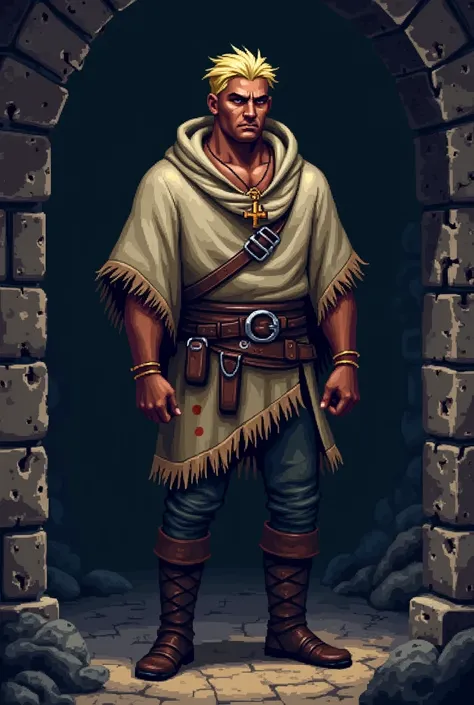 dark skinned man, A slightly muscular guy with black eyes and blond hair who is in a dungeon wearing a somewhat damaged poncho in the style of a 32Bits pixel game