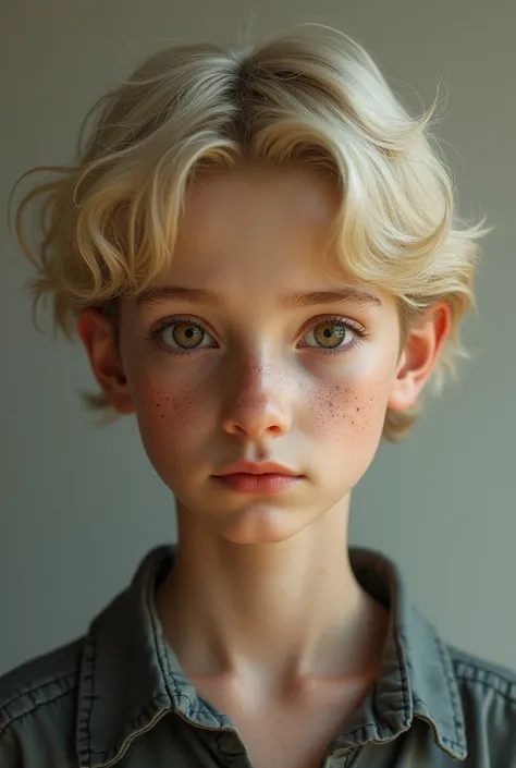 Make an anime style boy ,white blonde with brown eyes and a little bit of green,that has freckles ,The boy is 1 ,MAKE IT MORE ADULT AND WHITE ,the boy is blond ,take away the anime style,Make it more realistic 