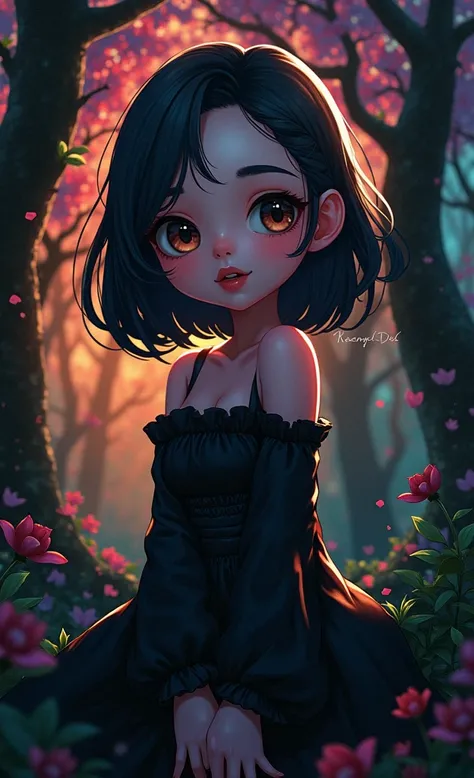 Masterpiece, best quality, super high resolution, fluorescent color,, 1 girl, looking at the audience, beautiful face, beautiful eyes, (off-the-shoulder: 1.2), head up, upper body, forest, shiny hair, shiny skin, glowing cut, chibi, finger proportions coor...