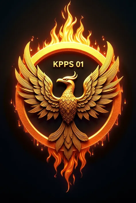 Make a picture of a Balinese themed garuda in gold in a circle with a picture of fire around it with the writing "KPPS 01" In the middle of the logo