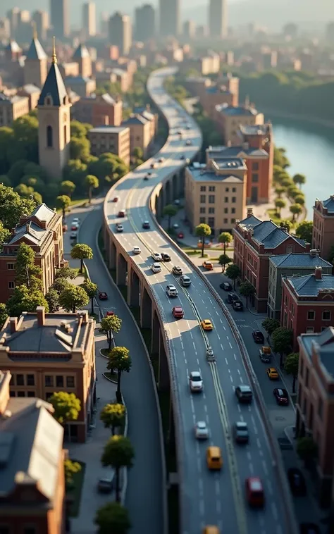 1 miniature city, detailed architecture, city streets with cars, trees, plaza, bridges crossing a river, cinematic lighting, vibrant colors, hyper realistic, 8k, award winning photography, cinematic composition, dramatic atmosphere, masterpiece