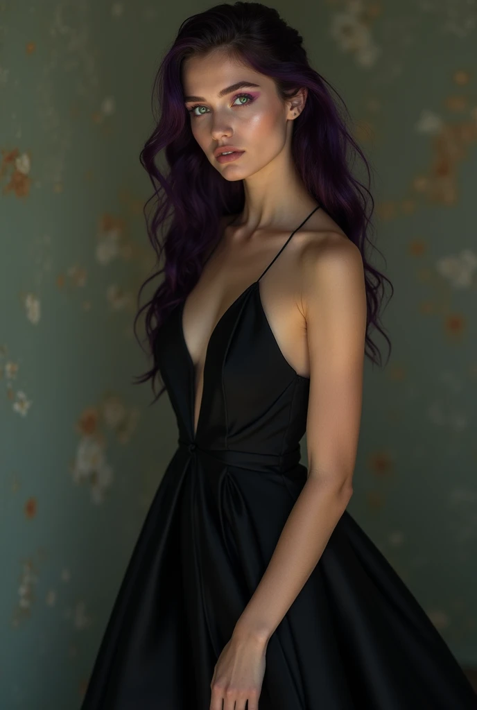 English woman 20 years old,skin fair,sparkling green eyes,dark purple hair,wearing a long, tight black matte dress like a goddess,enarioposes,make-up,cinema image,品質,full body images,detailed,full body image,high resolution,