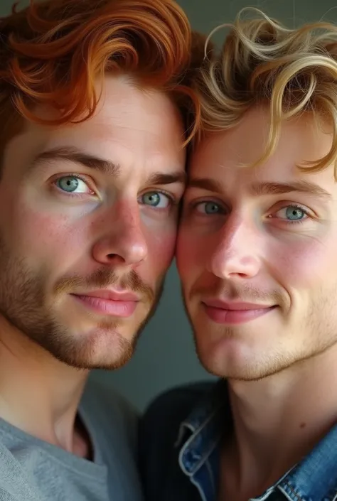 Can you create a gay couple a red head with green eyes and a blond with blue eyes. Both be guys in their early 30s