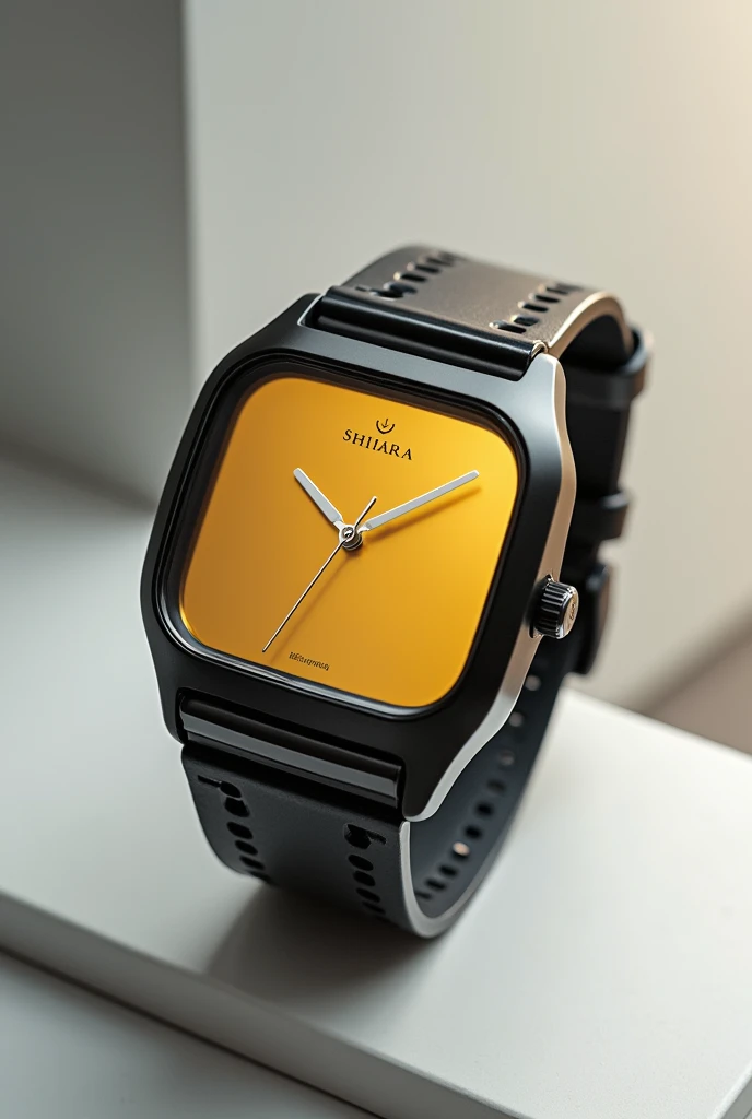 illustrates a type of watches with a unique and trendy design with a gold lens color and places the brand of the glasses in a strategic place, the brand is "Shiara"