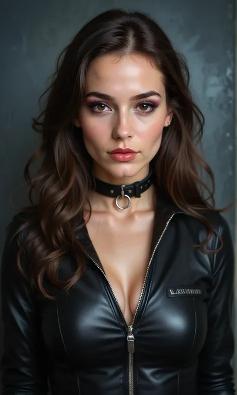 score_9, score_8_up, score_7_up, score_6_up, photorealistic, professional photo, top model, brunette, tanned, brown eyes, makeup, black leather jumpsuit with zipper, low neckline, unzipped , collar on neck, looking at viewer, ((dark room, low light)), dept...