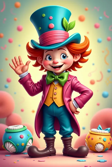 The Mad Hatter from Alice in Wonderland in cartoon design for a baby shower party, keeping its main colors and with diapers
