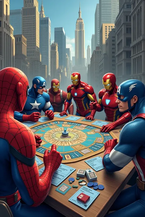 board game,real estate bank type, with marvel heroes path and theme

