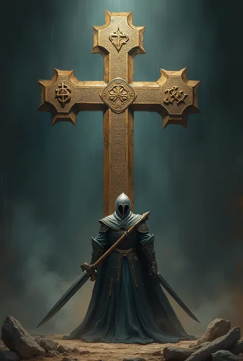 Image of the cross of Saint Benedict with a warrior and a sword