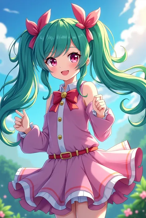 qpit_aikatsu, multicolored hair, green hair , aqua hair, pink hair , long hair, twin braids, twintails