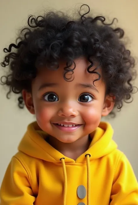 Seven year old child with short black curly hair and black eyes wearing yellow gamer clothes with shy smile