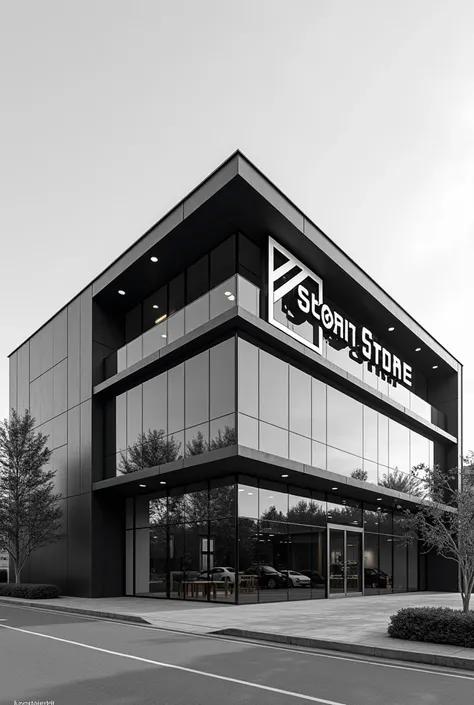 Generate image using prompt: Create a professional image of a commercial building of the company of sports “Sport Store” , with the proportion for magazine cover, need to be like gym and black and white and logo “SPORT STORE”