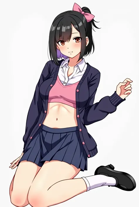  female, with navy blue school skirt, pink underwear, a white blouse, Navy blue open school sweater, sitting with legs open, lets see her underwear, He wears black school strap shoes, White skin, black hair, pink bow on head, slicked back ponytail hairstyl...