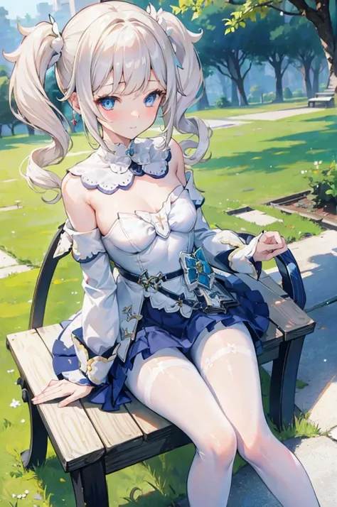 1 girl, short, lace dress, idol, white hair, white pantyhose,  blue eyes, cute face, smile, blush, outdoor, sitting on a park bench, under tree, looking at viewer, 8k, ray tracing, masterpiece, beautiful environment, Barbara, Genshin Impact, solo, cute