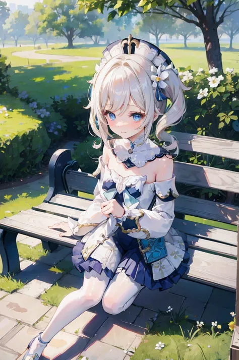 1 girl, short, lace dress, idol, white hair, white pantyhose,  blue eyes, cute face, smile, blush, outdoor, sitting on a park bench, under tree, looking at viewer, 8k, ray tracing, masterpiece, beautiful environment, Barbara, Genshin Impact, solo, cute