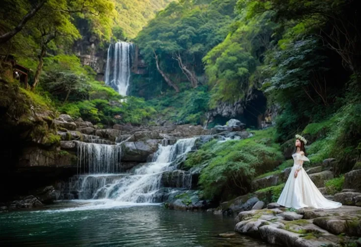 A beautiful Chinese girl sits on a big rock in flowing water, Off-the-shoulder white ball gown with delicate lace sleeves，Sit gracefully on rocks amidst picturesque rivers and waterfalls. She wears a flower crown, Adding an elegant touch to her outfit. The...