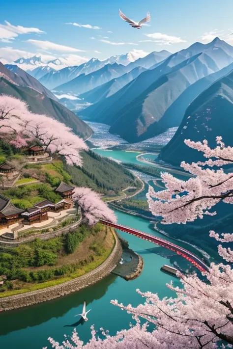 siheyuan, cherry blossom, mountains and waterfalls, two flying Chinese cranes