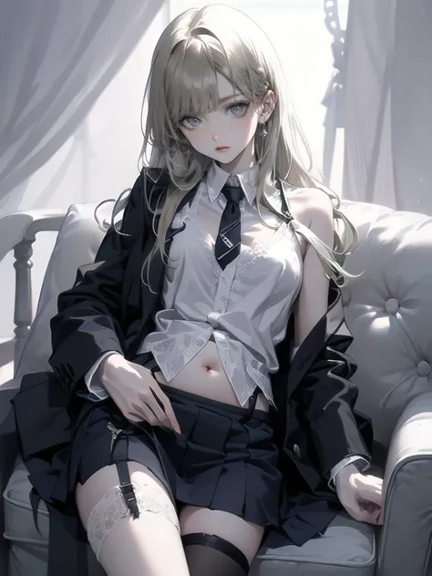 alone,20-year-old,Beautiful Face,Hair on one eye,Medium Sidecut, Blonde, Sharp focus、Light blue eyes、Jacket、Inner camisole、skirt、Belly button、garter belt、Heel、Small breasts