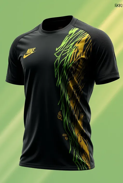 BLACK SHIRT FOR UNIVERSITY FUTSAL TEAM, WITH GOLDEN AND GREEN DETAILS, STYLISH AND DISRUPTIVE DESIGN , NO LOGO BRANDS 



