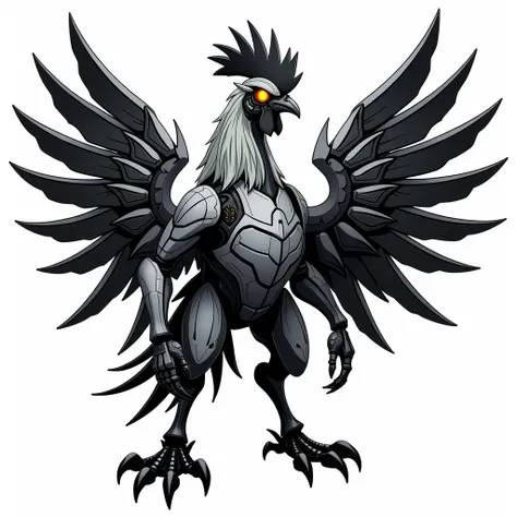 A Rooster with the Yugioh Cybernetic Dragon artwork. With black and white vector style. With PNG Background