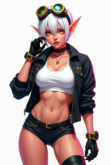 Color sketch drawing style. Beautiful woman with very short white hair, with elf ears and yellow eyes, big thighs. She is wearing a white crop top, black short jacket with gold details, Short black shorts, Black boots and gloves with subtle gold details. H...