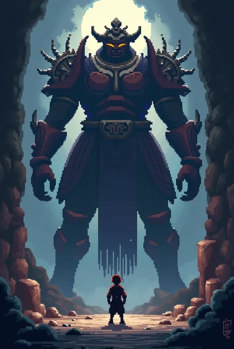 Kongōrikishi or giant Niō in the background with a 32BITS pixel style man in front of him inside a dungeon