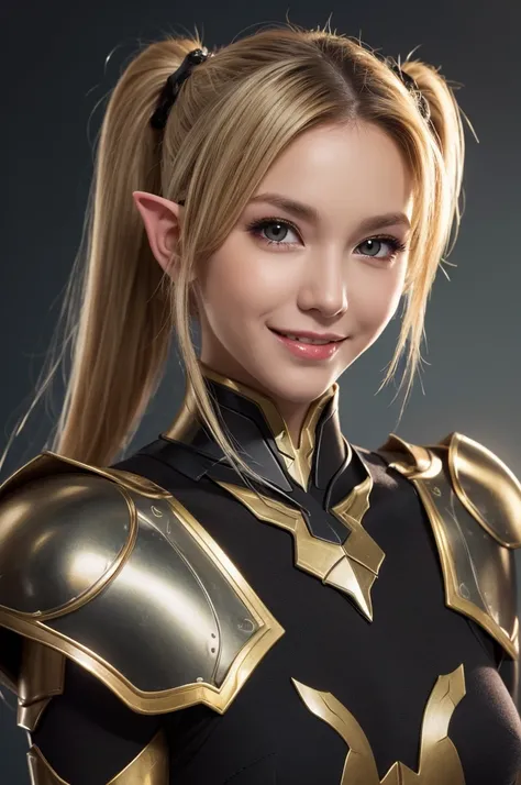 Beautiful images,Detailed Images,Official image,(Background of the base),One Woman,Blonde,Red Eyes,Ponytail Hair,Model body type,(Dark Skin:1.3),Elf Ears,Large Breasts,(Bioarmor:1.3),Smile small,