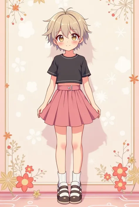 8k, detailed, anime style, 1boy, pink skirt, black cropped, cute, 1,cute background wallpaper 