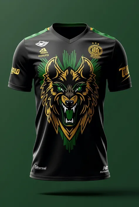 BLACK SHIRT FOR UNIVERSITY FUTSAL TEAM WITH REFERENCES TO A WOLF , WITH GOLDEN AND GREEN DETAILS, STYLISH AND DISRUPTIVE DESIGN ,  LOGO BRANDS. 



