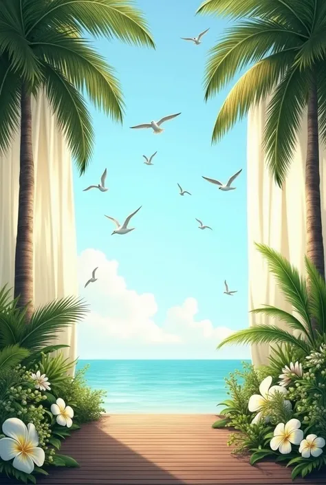 Generate an outdoor background that has two palm trees on each side, that has white and gold curtains, In addition to that, there are some hanging from the sides in the sky.,seagulls flying, also a dark brown plank floor, some floral arrangements white flo...