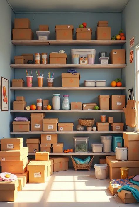 Draw the background of a room where boxes are kept, smoothie cups, glass lids, straws, posters and some fruits, the room must be big