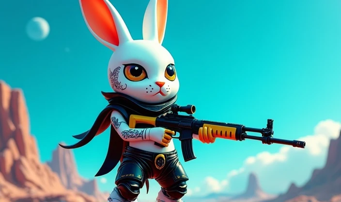 White rabbit with tattoo in black and gold futuristic outfit holding a rifle on a blue planet 