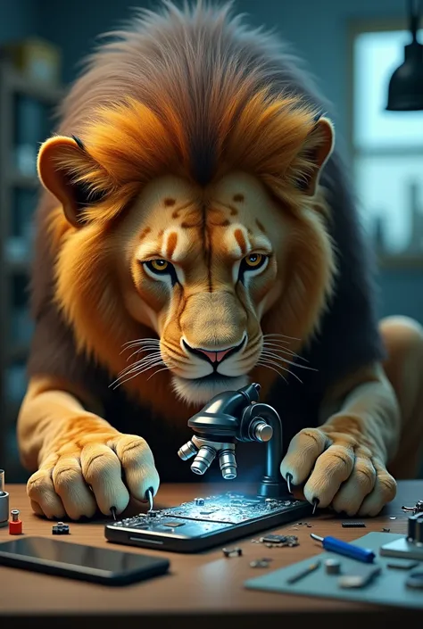 lion with a microscope repairing a cell phone 