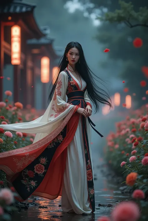 Super high quality, masterpiece, perfect illustration realistic mix, realistic 100%, extreme detail (exquisite light and shadow, highly dramatic picture,) Stroke, 1 girl, solo, (wearing red, black and white Hanfu,) flower field, flowers, (fog cinematic mas...