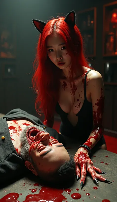 (((photorealistic:1.4))), ultra realistic, pores, (((masterpiece))),high quality, ultra details, realistic white skin beautiful face pretty korean idol girl with strong demon hand claws, blood on hands, long red hair, nude, blood on skin, wearing catsuit, ...