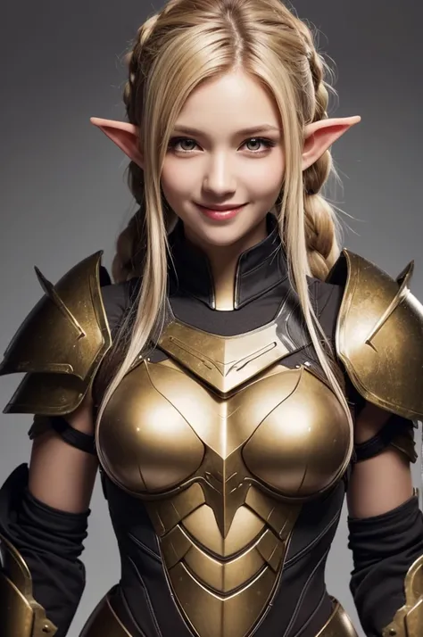 Beautiful images,Detailed Images,Official image,(Background of the base),One Woman,Blonde,Red Eyes,Ponytail Hair,Model body type,(Dark Skin:1.3),Elf Ears,Large Breasts,(Bioarmor:1.3),Smile small,