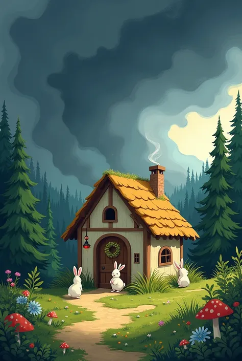 Drawing of a rabbit house in the forest, with a thunder storm in the sky 