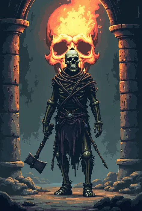 Skeleton with a giant flaming skull in the background wearing torn clothes and carrying an axe in his hand facing a 32BITS pixel style man inside a dungeon