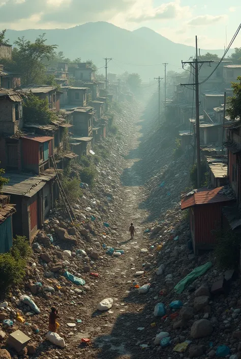 "Create a realistic image for the second slide with dimensions of 1920x1080 pixels. The image should depict a slum next to an area filled with trash, emphasizing the contrast between the two environments. The design should be as lifelike as possible and no...