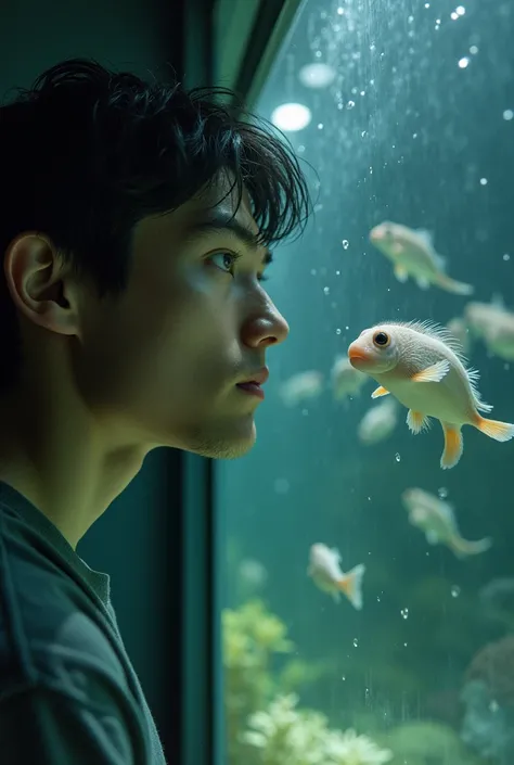 They show the fixed gaze of the male protagonist through the glass of the aquarium, with the axolotls swimming in the water, image of that