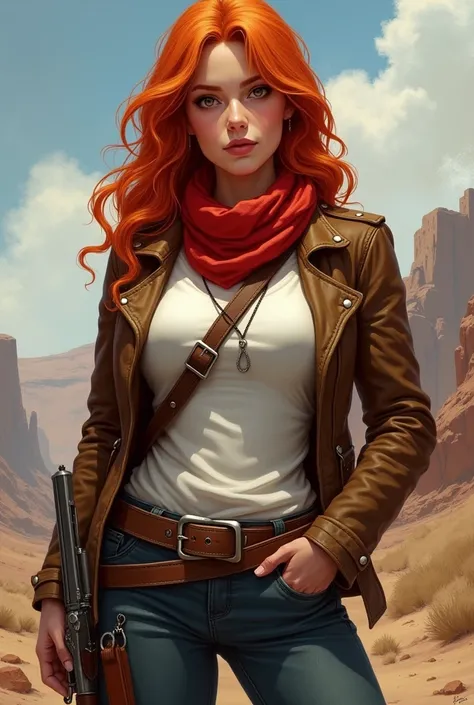 Western RPG, woman with long wavy orange red hair, cawgril, Round face, cantora country, endomorph body type, Red scarf in price, bandolier with gun, do it in the boot,  white t-shirt and brown leather jacket, charlatan , short, Slightly chubby body