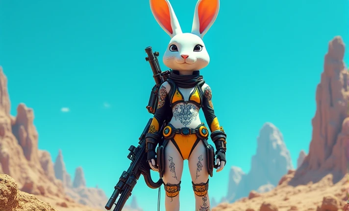 White rabbit with tattoo in black and gold futuristic outfit holding a rifle on a blue planet 