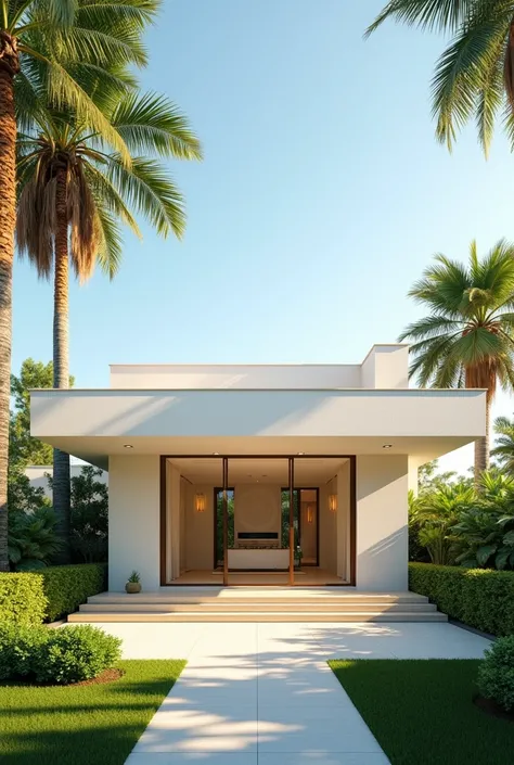 contemporary house, light colors , minimalist architecture, linhas limpas, geometric design, flat roof, light colored materials, warm light ,Grand Entrance, glass doors, spacious garage, surrounded by greenery, Tropical plants, palm tree, Green bushes, cle...