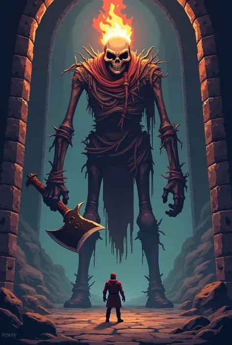 Giant skeleton with flaming skull wearing torn and ripped clothes carrying an axe in the background with a man in front in a 32Bits pixel style dungeon game