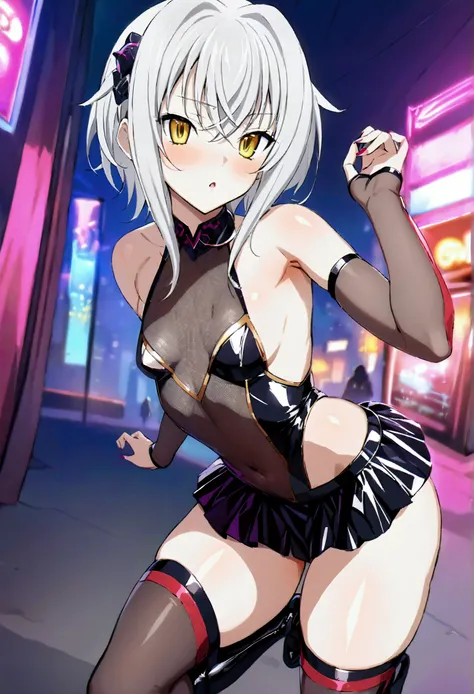 NSFW,masterpiece,Highest quality,High resolution,Very detailed,Tacheng kitten(High School DXD),Gray Hair,Short Hair,Yellow Eyes,Small breasts,leotard,mesh,High leg,Removable sleeves,mini skirt,Knee-high boots,Assassin,Nightlife,cyber punk