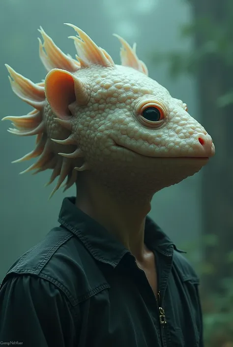 They show a surreal fusion between the face of the male protagonist and an axolotl, symbolizing the transition from human to creature, image of that