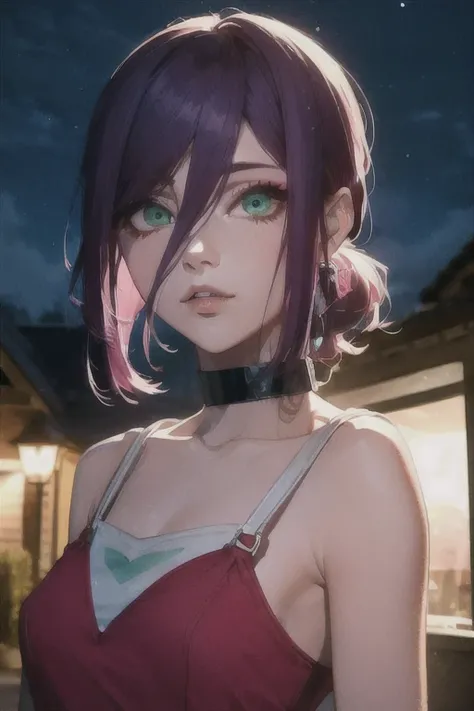 (Highest quality)、(Highest quality)、cut、Chainsaw Man、cute、(choker).eyes are emerald、Her hair is purple、Short Bob、Beautiful night view、whole body、detailed、強力なdetailed、cut、((envy)).