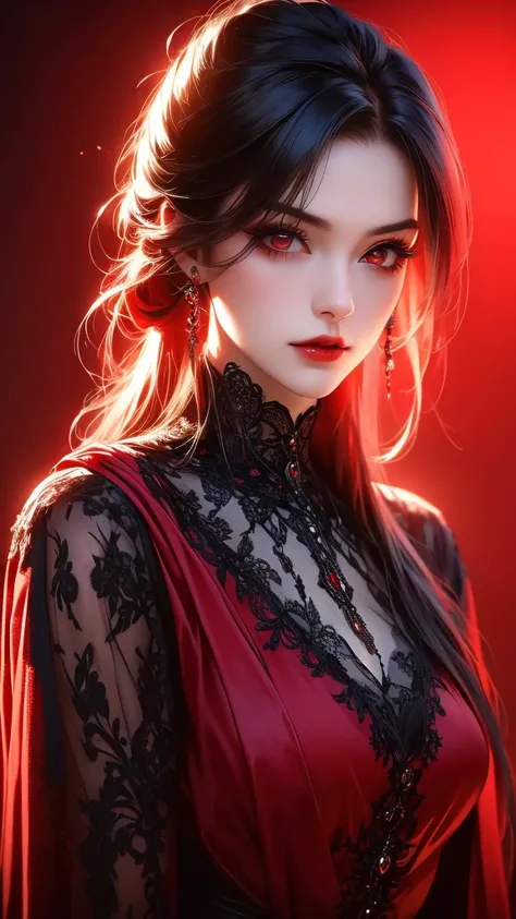 a beautiful vampire girl with black hair and red eyes, wearing a lace-trimmed red dress and elbow gloves, looking directly at the viewer with red lips, on a red background, (best quality,4k,8k,highres,masterpiece:1.2),ultra-detailed,(realistic,photorealist...