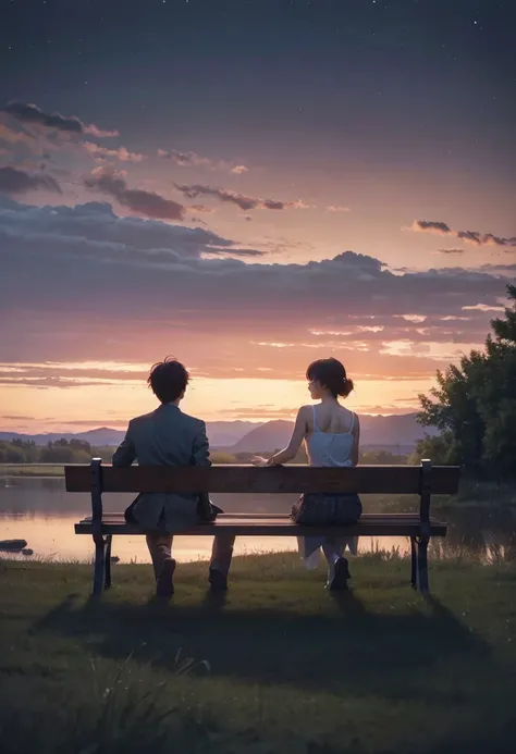 They are sitting on a bench and looking at the stars in the sky, Guweiz and Makoto Shinkai, sakimichan and makoto shinkai,8k, High resolution, Anatomically correct, Winner of numerous awards, 最high quality, High detail, high quality, Textured skin, Ultra h...