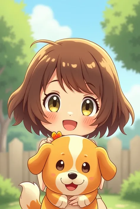 A 2 woman in the chibli animation style, she has short brown hair, yellowish green eyes, her cheeks are a little fuller, she is smiling 
And there is a dog with slightly raised hair, with brown eyes and yellowish fur, the part of the nose is white and the ...