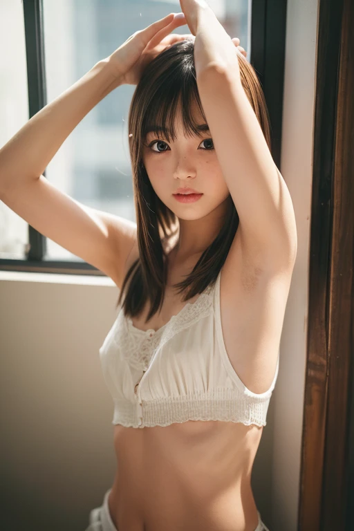 Girl raising her hands above her head to show her armpits、Girl spreads her legs to show her beautiful pussy、A look of contempt、((masterpiece、Highest quality、Super Fine、High resolution))、Take a full-body shot、1 girl、((Brown Hair))、Brown eyes、Glare、Bob Hair、...